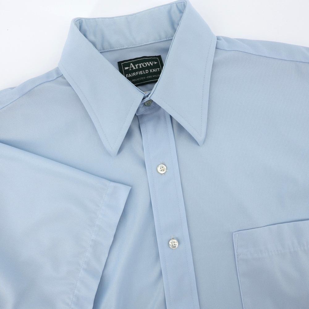 Vintage 1970s Arrow Fairfield Knit Short Sleeve Button Down Shirt Blue‎ Mens L